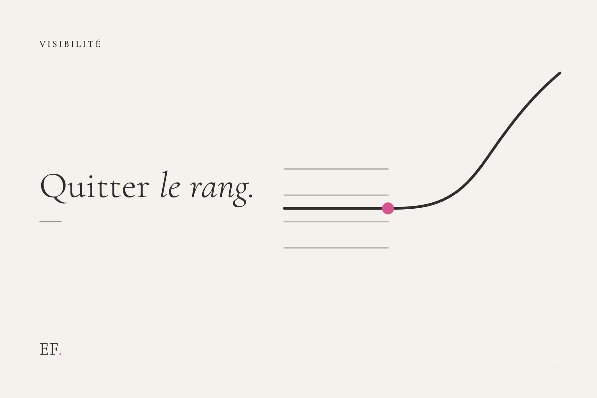Illustration éditoriale d'un faisceau de lignes d'encre parallèles et identiques d'où une seule ligne se détache pour tracer une trajectoire libre, avec un accent rose au point de rupture, sur fond crème EF Media, pour l'article sur créer du contenu authentique à l'ère de l'IA.