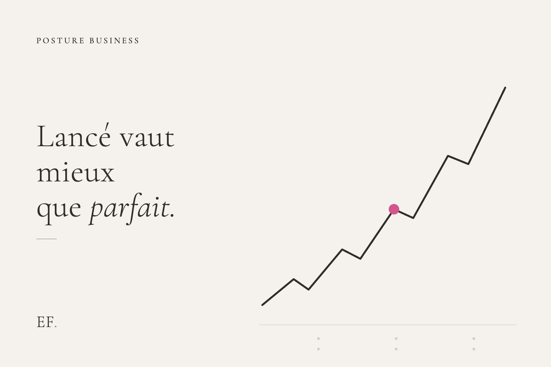 Illustration éditoriale d'une courbe d'encre qui monte par bonds irréguliers vers la droite, avec un accent rose sur un palier intermédiaire, sur fond crème EF Media, pour l'article sur le perfectionnisme en entrepreneuriat.