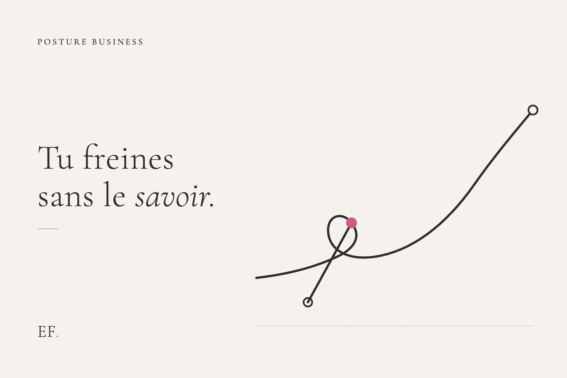 Illustration éditoriale d'une ligne d'encre lancée vers l'avant, d'abord retenue par une courte forme qui tire en sens inverse puis libérée, sur fond crème EF Media, pour l'article sur l'auto-sabotage.